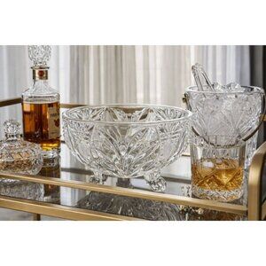 CRYSTAL Vingate Glass Oval Dish With 4 Feet and etched pinwheel floral design